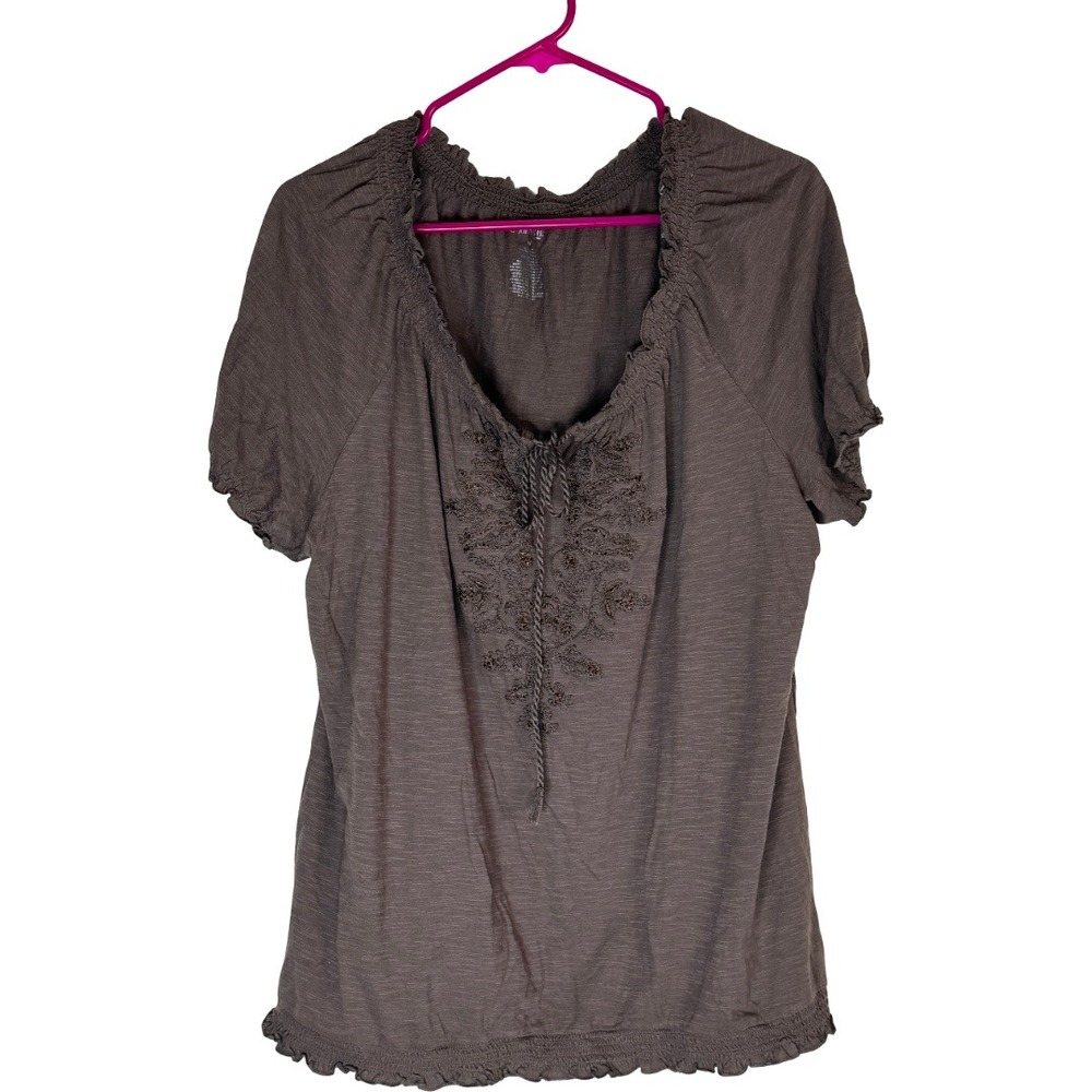 St. Johns Bay Blouse Womens 1X Cafe Brown Embroidered Smocked Short Sleeve Boho